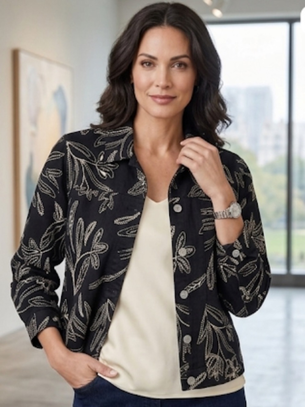 Women Studio Works Black Jean Jacket with White Floral Design